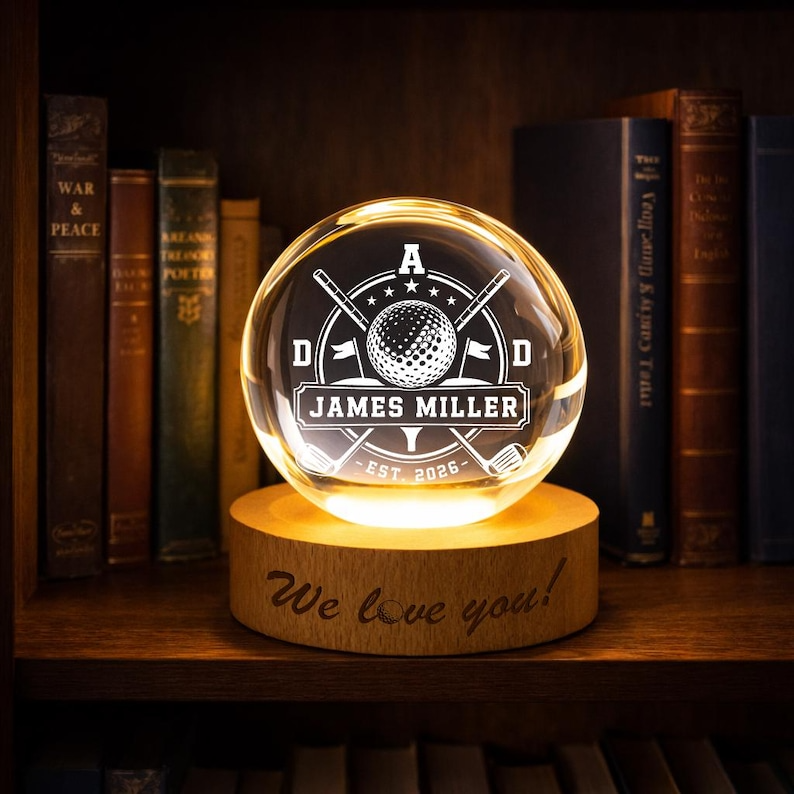 Personalized Golf Crest Crystal Ball Night Light, Custom Golfer Name LED Lamp, Golf Dad Gift, Sports Keepsake Decor