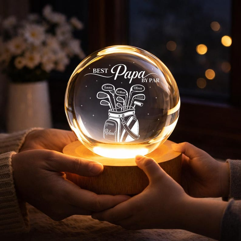 Personalized Golf Papa Crystal Ball Night Light, Custom Golf Bag With Kids Names LED Lamp, Grandpa Golfer Gift For Father's Day