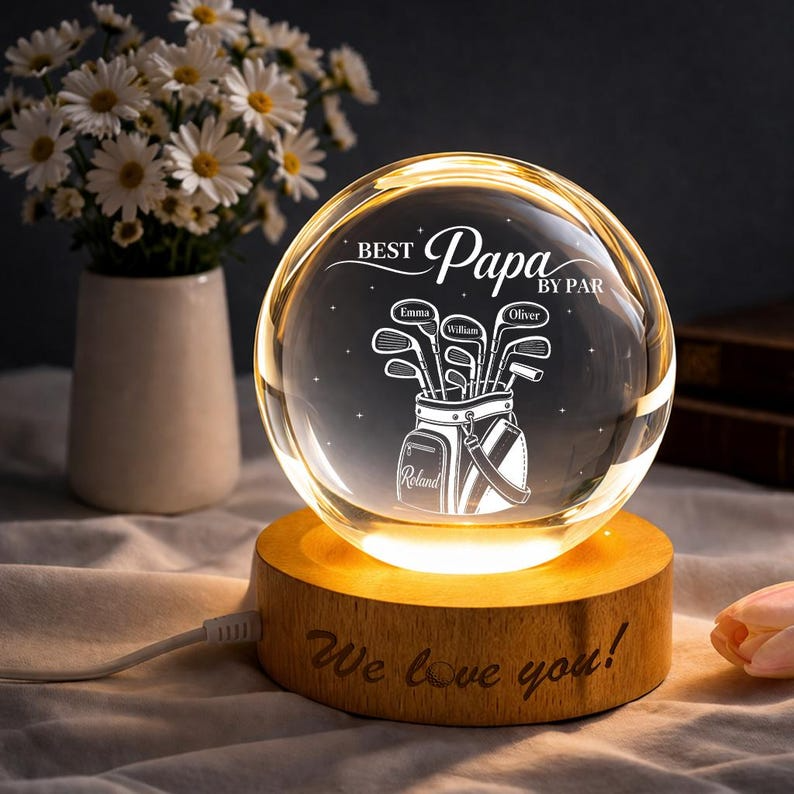 Personalized Golf Papa Crystal Ball Night Light, Custom Golf Bag With Kids Names LED Lamp, Grandpa Golfer Gift For Father's Day