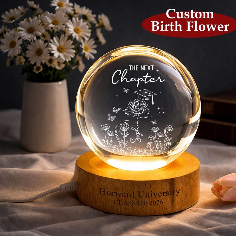 Personalized Birth Flower Crystal Ball Night Light, Custom Name Engraved LED Lamp, Graduation Gift Class of 2026, Unique Gift for Her