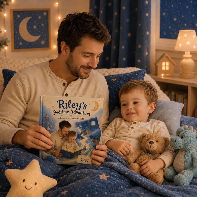 Personalized Daddy and Me Bedtime Adventure Story Book, Custom Face Photo Baby Name Hardcover, Night Keepsake Gift for Dad and Baby Boy Gift
