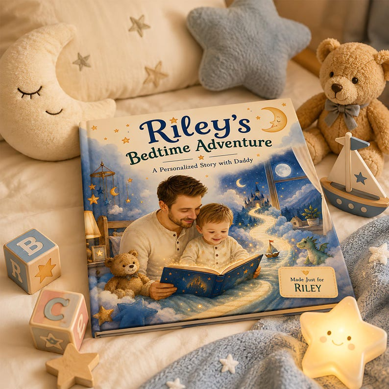 Personalized Daddy and Me Bedtime Adventure Story Book, Custom Face Photo Baby Name Hardcover, Night Keepsake Gift for Dad and Baby Boy Gift