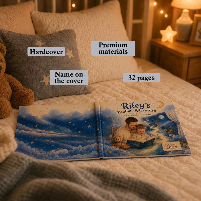 Personalized Daddy and Me Bedtime Adventure Story Book, Custom Face Photo Baby Name Hardcover, Night Keepsake Gift for Dad and Baby Boy Gift
