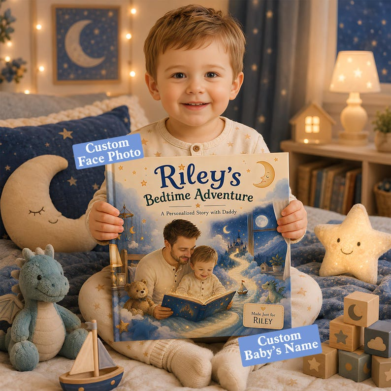 Personalized Daddy and Me Bedtime Adventure Story Book, Custom Face Photo Baby Name Hardcover, Night Keepsake Gift for Dad and Baby Boy Gift