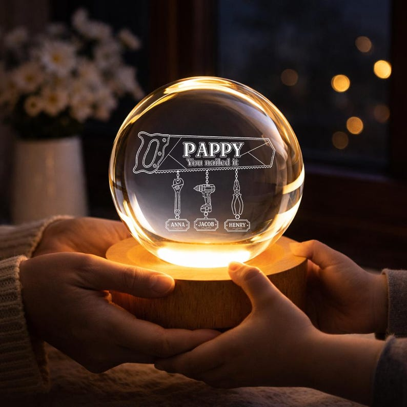 Personalized Handyman Pappy Crystal Ball Night Light, Custom Hanging Tool Names LED Lamp, Grandpa Workshop Gift Decor For Father's Day