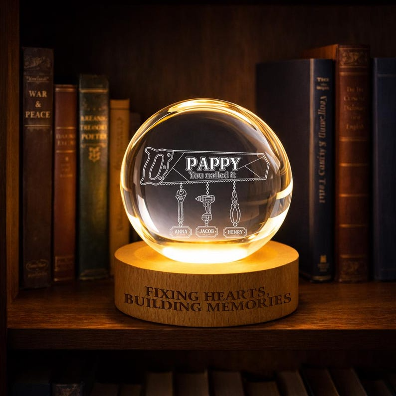 Personalized Handyman Pappy Crystal Ball Night Light, Custom Hanging Tool Names LED Lamp, Grandpa Workshop Gift Decor For Father's Day