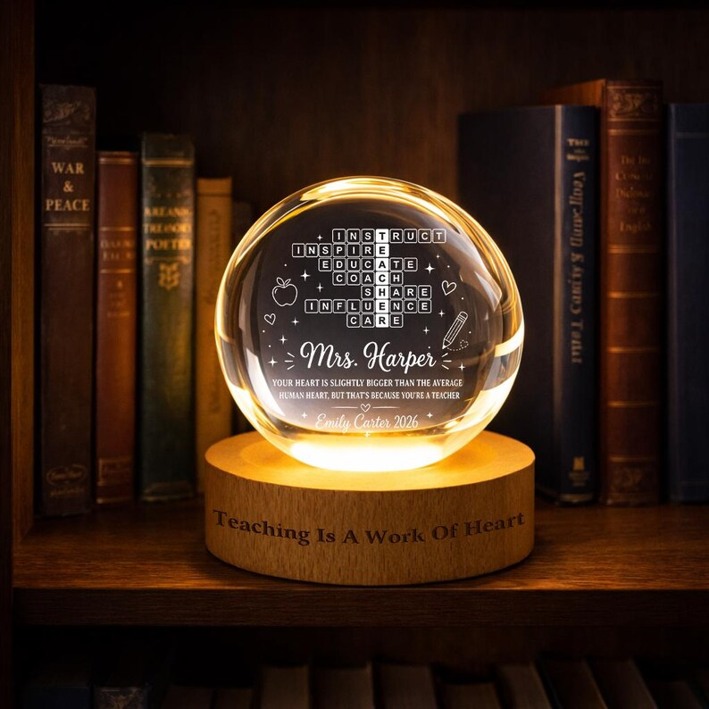 Personalized Teacher Crossword Crystal Ball Night Light, Custom Teacher Name LED Lamp, Teacher Appreciation Gift, End of Year Keepsake