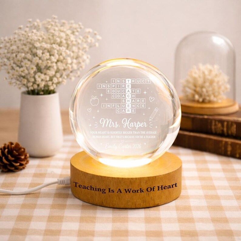 Personalized Teacher Crossword Crystal Ball Night Light, Custom Teacher Name LED Lamp, Teacher Appreciation Gift, End of Year Keepsake