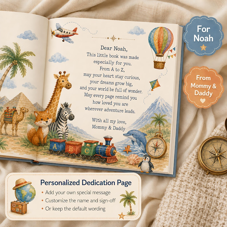 Personalized Alphabet Adventure Book, Custom Baby Name ABC Story Book, Around the World A to Z, Animal Travel Keepsake for Kids for Toddler