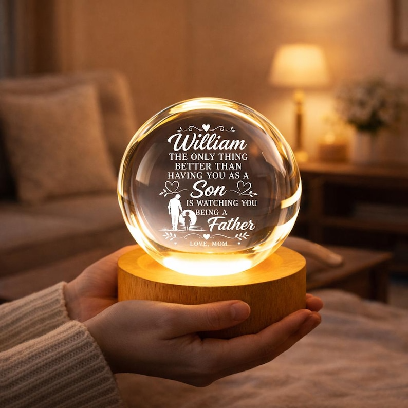 First Father's Day Crystal Ball Night Light, Personalized New Dad Gift From Mom, Custom Name Engraved Lamp for First Time Dad Keepsake Decor