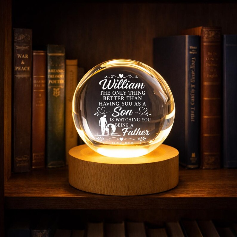First Father's Day Crystal Ball Night Light, Personalized New Dad Gift From Mom, Custom Name Engraved Lamp for First Time Dad Keepsake Decor