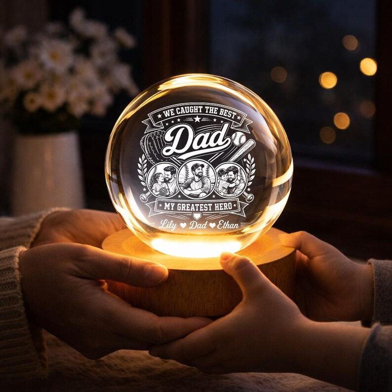 Personalized Dad Gift, Custom Crystal Ball Night Light from Kids, Father's Day Gift for Dad, Baseball Dad Keepsake Lamp Decor for Desk Gift