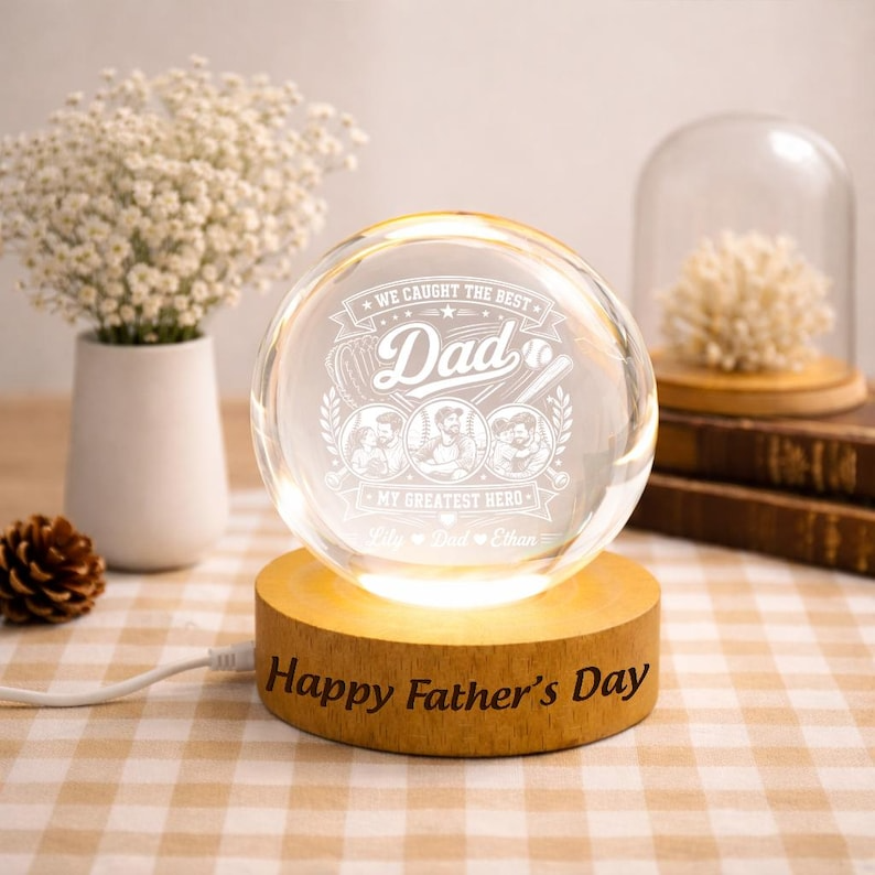 Personalized Dad Gift, Custom Crystal Ball Night Light from Kids, Father's Day Gift for Dad, Baseball Dad Keepsake Lamp Decor for Desk Gift
