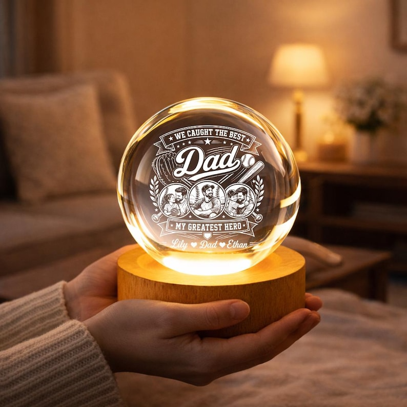 Personalized Dad Gift, Custom Crystal Ball Night Light from Kids, Father's Day Gift for Dad, Baseball Dad Keepsake Lamp Decor for Desk Gift