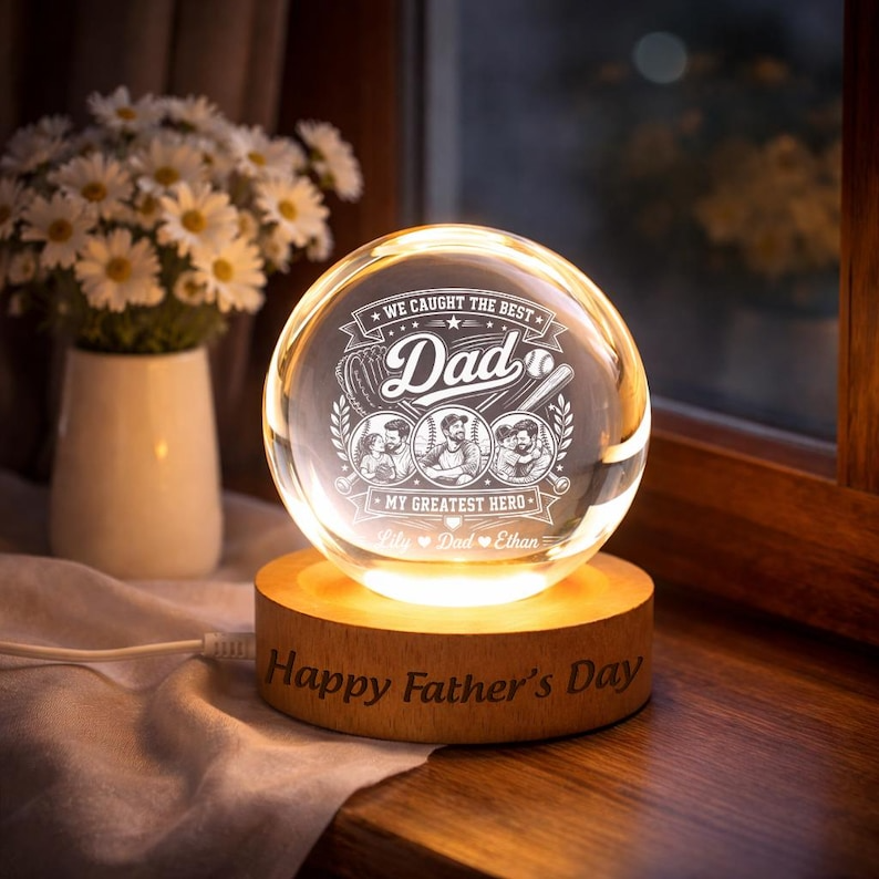 Personalized Dad Gift, Custom Crystal Ball Night Light from Kids, Father's Day Gift for Dad, Baseball Dad Keepsake Lamp Decor for Desk Gift