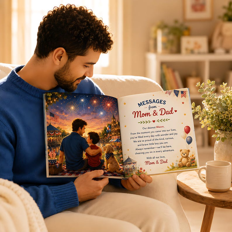 Personalized 4th of July Adventure, Custom Father and Son Story, Gift for Dad from Kids, Independence Day Keepsake for Baby Family Gift