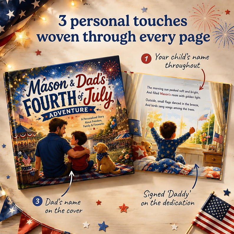 Personalized 4th of July Adventure, Custom Father and Son Story, Gift for Dad from Kids, Independence Day Keepsake for Baby Family Gift