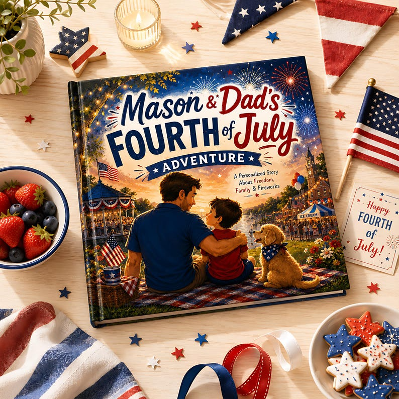 Personalized 4th of July Adventure, Custom Father and Son Story, Gift for Dad from Kids, Independence Day Keepsake for Baby Family Gift