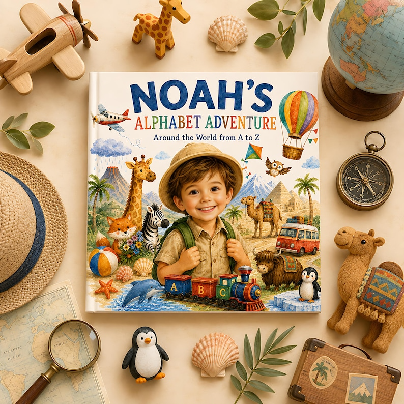Personalized Alphabet Adventure Book, Custom Baby Name ABC Story Book, Around the World A to Z, Animal Travel Keepsake for Kids for Toddler