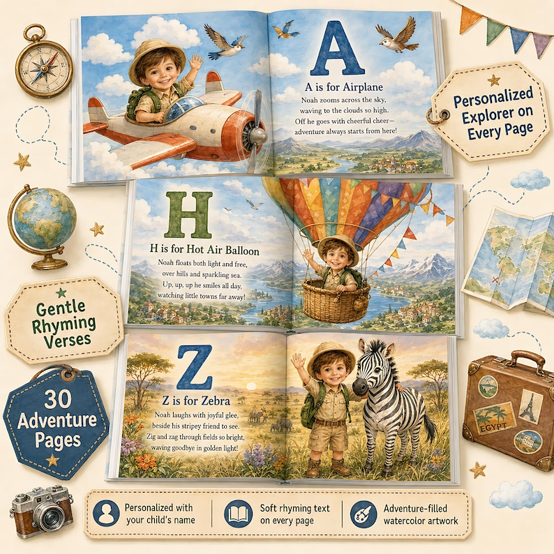 Personalized Alphabet Adventure Book, Custom Baby Name ABC Story Book, Around the World A to Z, Animal Travel Keepsake for Kids for Toddler