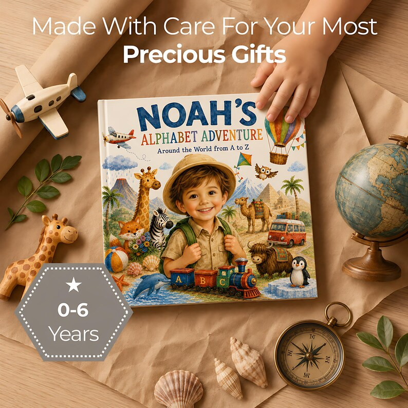 Personalized Alphabet Adventure Book, Custom Baby Name ABC Story Book, Around the World A to Z, Animal Travel Keepsake for Kids for Toddler