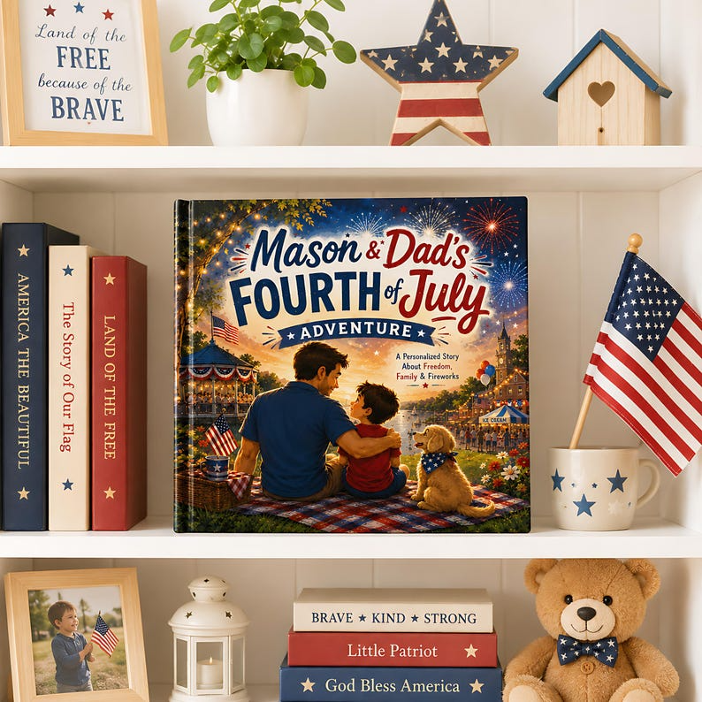 Personalized 4th of July Adventure, Custom Father and Son Story, Gift for Dad from Kids, Independence Day Keepsake for Baby Family Gift
