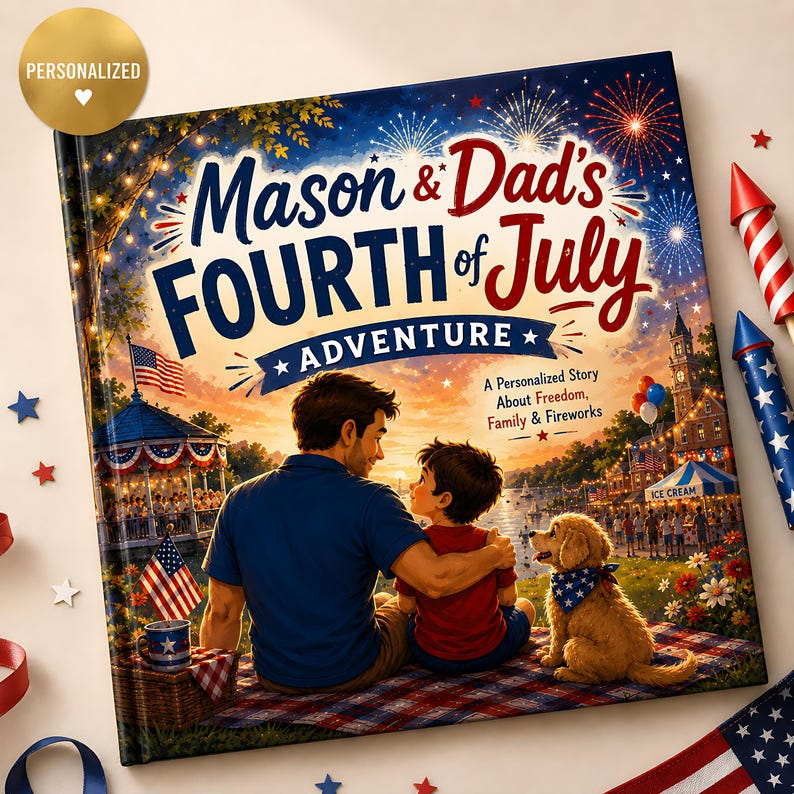 Personalized 4th of July Adventure, Custom Father and Son Story, Gift for Dad from Kids, Independence Day Keepsake for Baby Family Gift