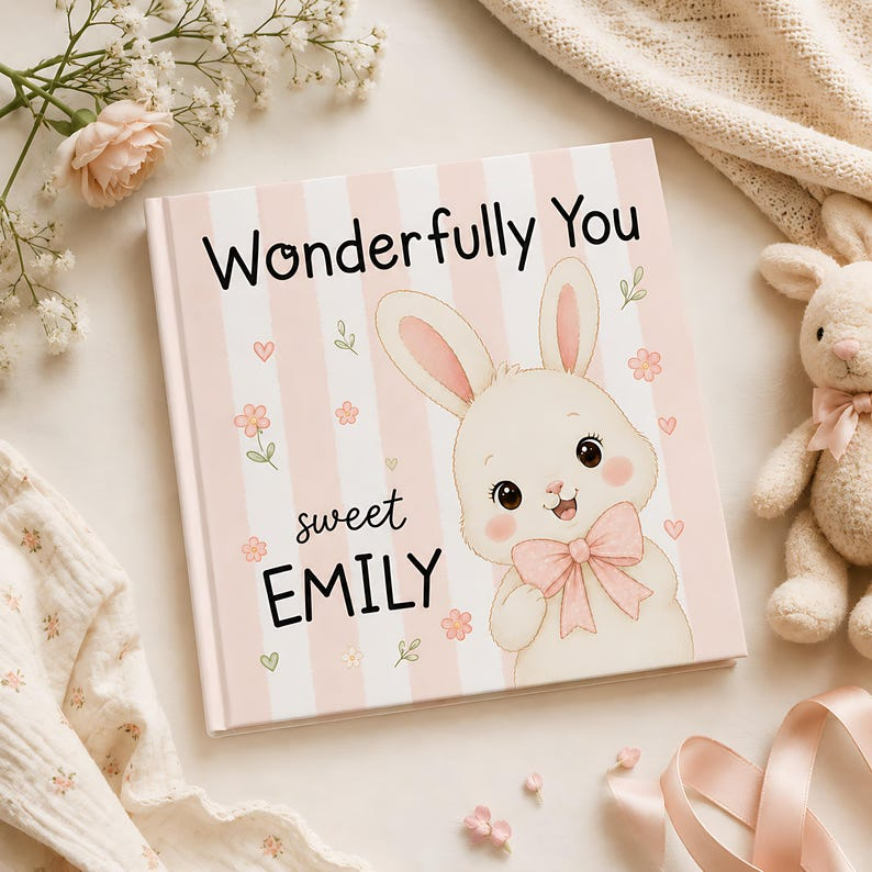 Personalized Baby Book with Name, Custom Bunny Storybook, Baby Shower Gift, Newborn Keepsake, Wonderfully You Book for Baby Girl