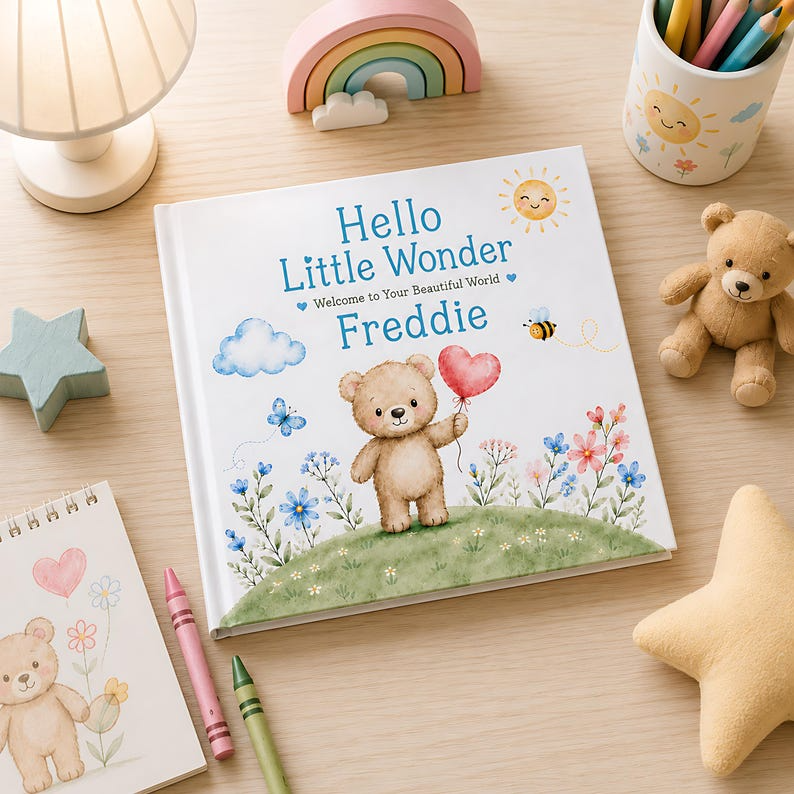 Personalized Baby Book with Name, Custom Teddy Bear Storybook, Baby Shower Gift, Newborn Keepsake, Hello Little Wonder Gift for Boy or Girl