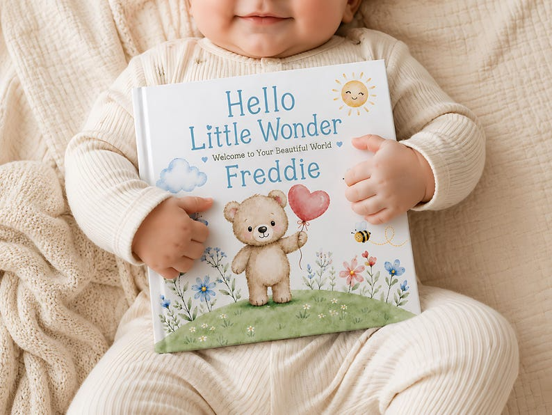 Personalized Baby Book with Name, Custom Teddy Bear Storybook, Baby Shower Gift, Newborn Keepsake, Hello Little Wonder Gift for Boy or Girl