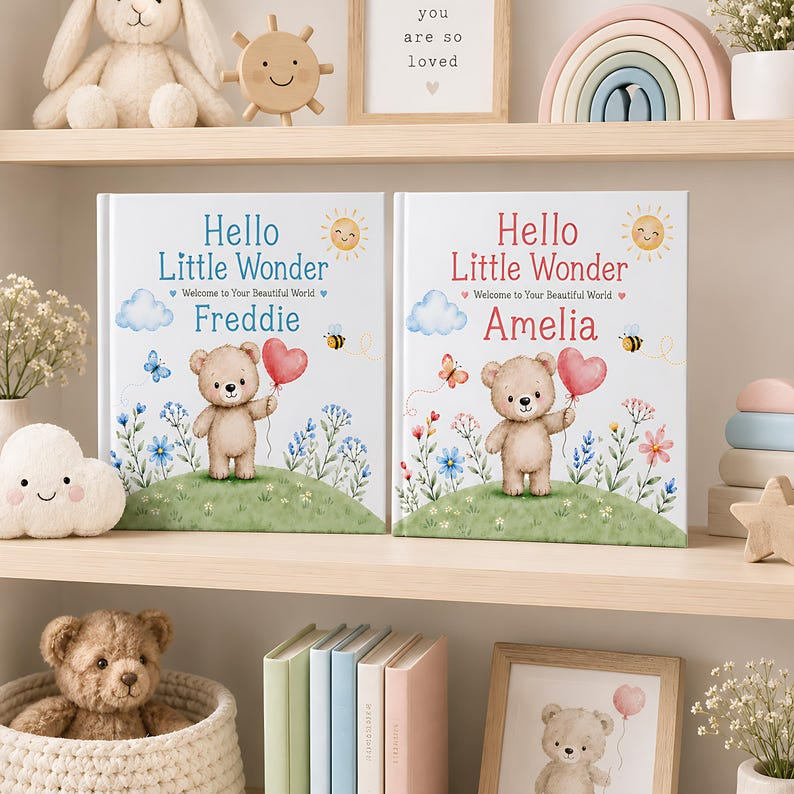 Personalized Baby Book with Name, Custom Teddy Bear Storybook, Baby Shower Gift, Newborn Keepsake, Hello Little Wonder Gift for Boy or Girl