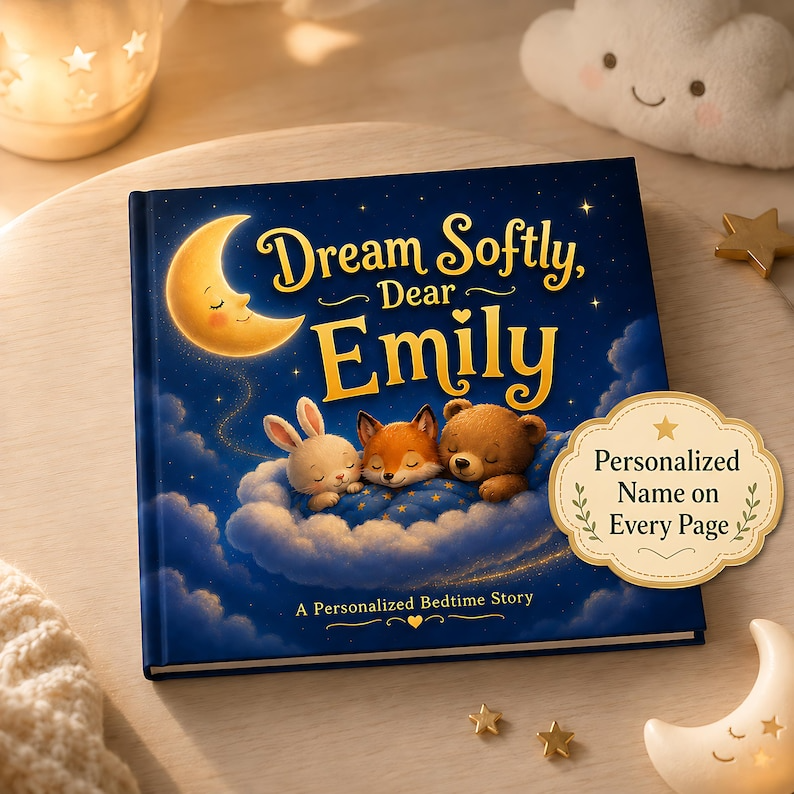 Personalized Bedtime Story Book, Custom Baby Name Book, Baby Shower Gift for Boy or Girl, First Birthday Nursery Keepsake Hardcover Book