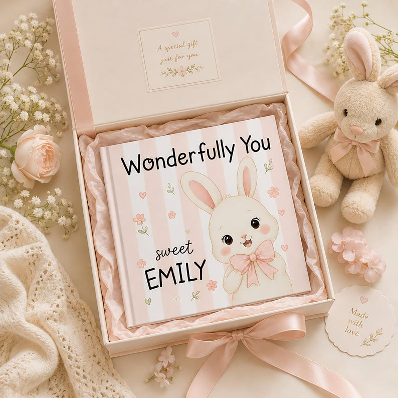 Personalized Baby Book with Name, Custom Bunny Storybook, Baby Shower Gift, Newborn Keepsake, Wonderfully You Book for Baby Girl