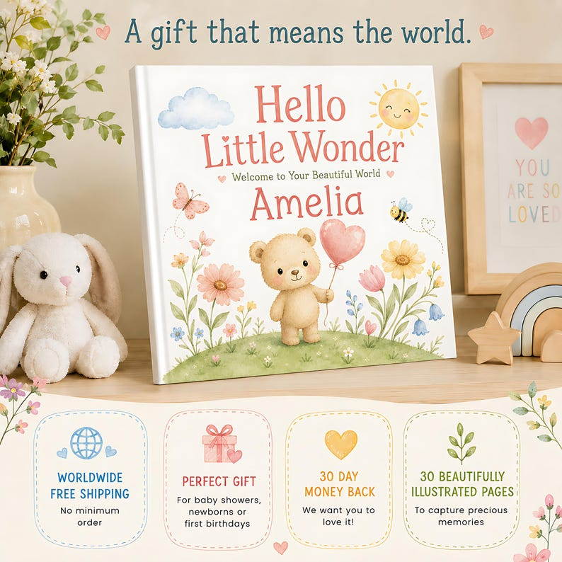Personalized Baby Book with Name, Custom Teddy Bear Storybook, Baby Shower Gift, Newborn Keepsake, Hello Little Wonder Gift for Boy or Girl
