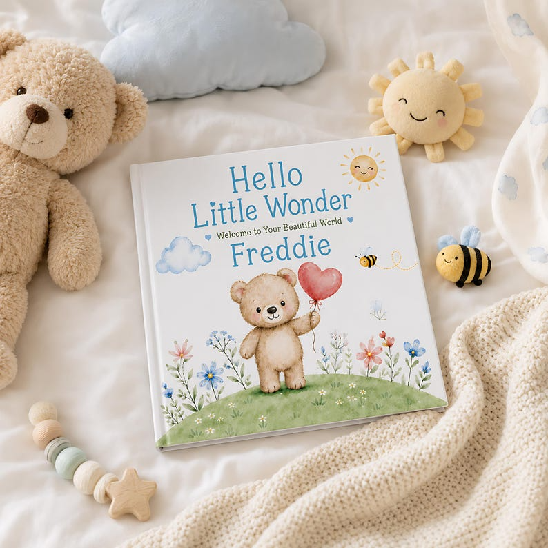 Personalized Baby Book with Name, Custom Teddy Bear Storybook, Baby Shower Gift, Newborn Keepsake, Hello Little Wonder Gift for Boy or Girl