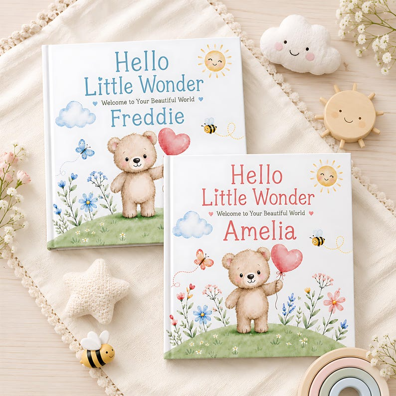 Personalized Baby Book with Name, Custom Teddy Bear Storybook, Baby Shower Gift, Newborn Keepsake, Hello Little Wonder Gift for Boy or Girl