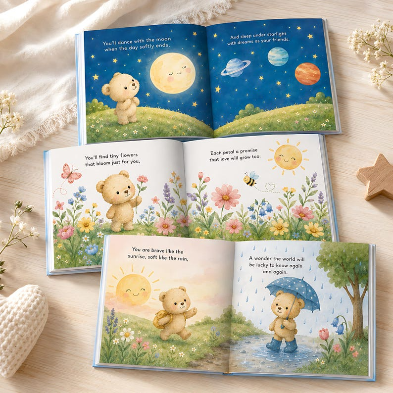 Personalized Baby Book with Name, Custom Teddy Bear Storybook, Baby Shower Gift, Newborn Keepsake, Hello Little Wonder Gift for Boy or Girl