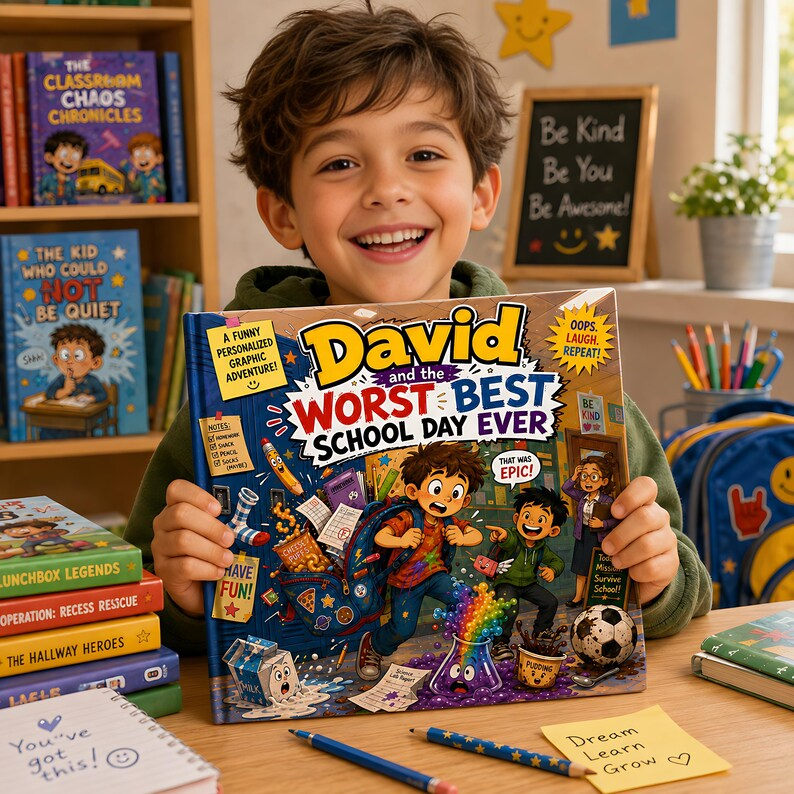 Personalized Funny School Disaster Book, Custom Name Worst Best School Day Storybook, Back to School Laugh Out Loud Gift for Kids Boys Girls