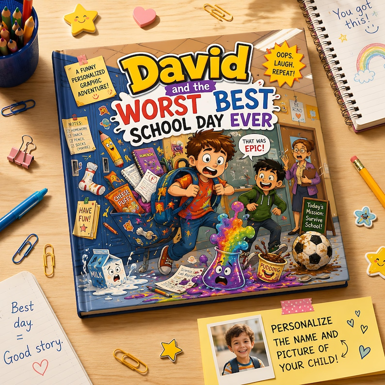 Personalized Funny School Disaster Book, Custom Name Worst Best School Day Storybook, Back to School Laugh Out Loud Gift for Kids Boys Girls