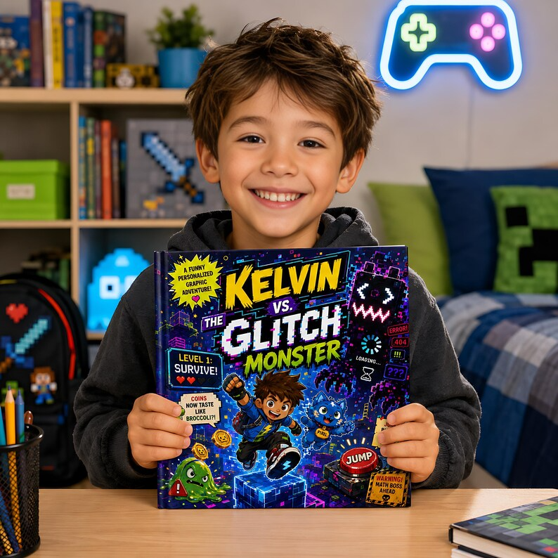 Personalized Glitch Monster Video Game Book, Custom Name Gamer Adventure Storybook, Funny Pixel Quest Gift for Kids Boys Girls Gaming Gifts