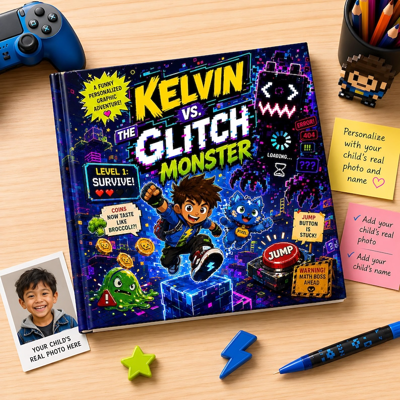 Personalized Glitch Monster Video Game Book, Custom Name Gamer Adventure Storybook, Funny Pixel Quest Gift for Kids Boys Girls Gaming Gifts