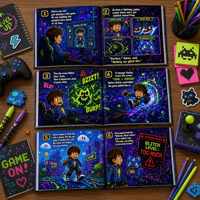 Personalized Glitch Monster Video Game Book, Custom Name Gamer Adventure Storybook, Funny Pixel Quest Gift for Kids Boys Girls Gaming Gifts