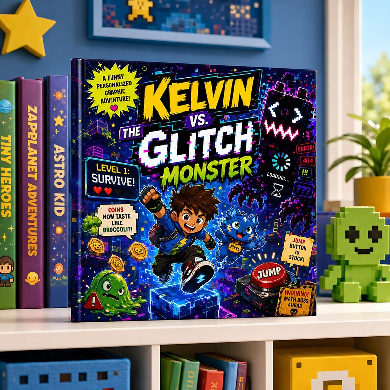 Personalized Glitch Monster Video Game Book, Custom Name Gamer Adventure Storybook, Funny Pixel Quest Gift for Kids Boys Girls Gaming Gifts