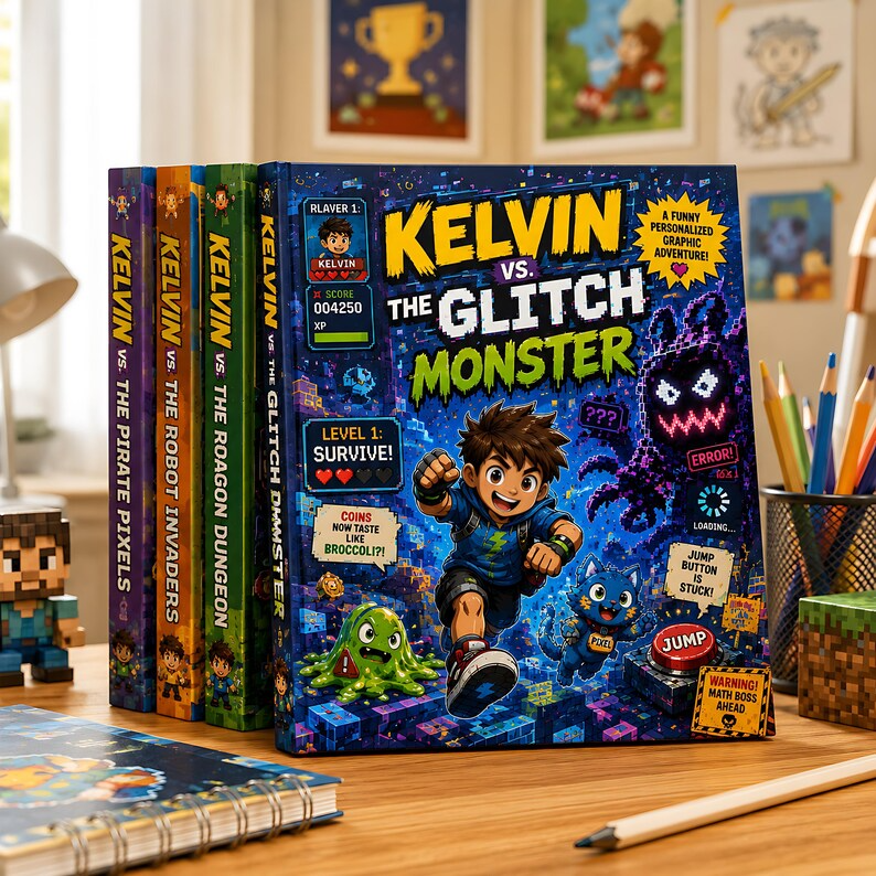 Personalized Glitch Monster Video Game Book, Custom Name Gamer Adventure Storybook, Funny Pixel Quest Gift for Kids Boys Girls Gaming Gifts
