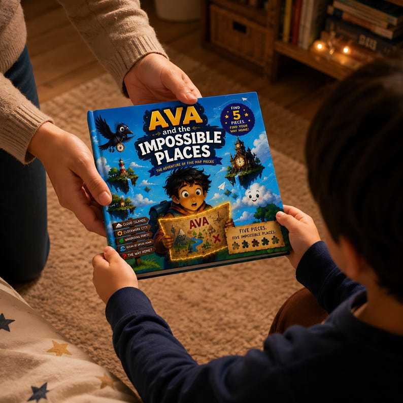 Personalized Impossible Places Book, Custom Name Fantasy Map Quest Storybook, Magical Puzzle Adventure Gift for Curious Kids Boys Girls
