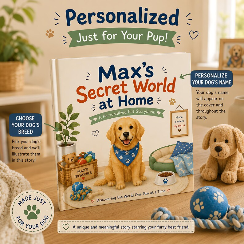 Personalized Dog Secret World at Home Book, Custom Dog Name & Breed Storybook, Cozy Pet Adventure Gift for Dog Lovers