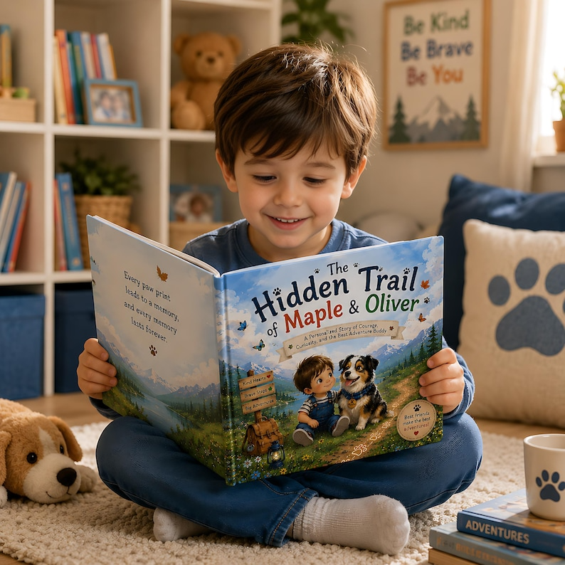 Personalized Kid & Dog Adventure Book, Custom Child Name - Dog Breed Storybook, Friendship Trail Keepsake Gift for Kids Families