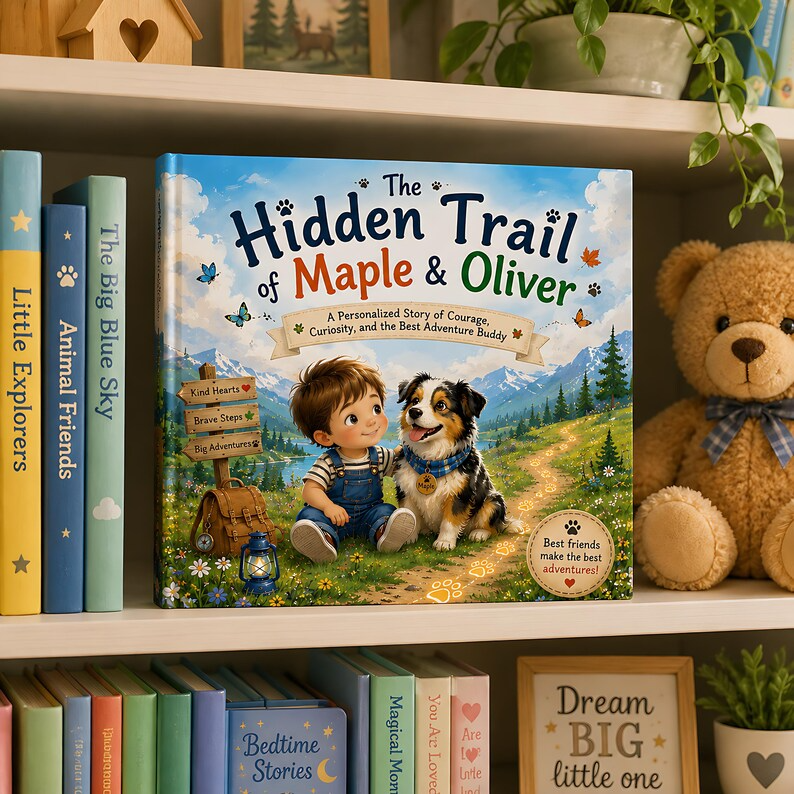 Personalized Kid & Dog Adventure Book, Custom Child Name - Dog Breed Storybook, Friendship Trail Keepsake Gift for Kids Families