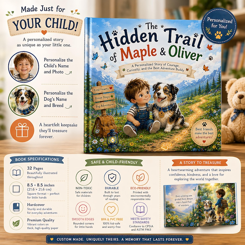 Personalized Kid & Dog Adventure Book, Custom Child Name - Dog Breed Storybook, Friendship Trail Keepsake Gift for Kids Families