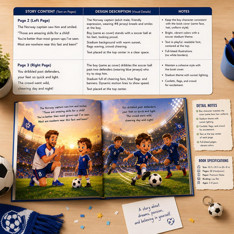 Personalized Soccer Story Book for Kids, Custom Name & Photo Football Adventure Book, Choose Team Jersey Color, Soccer Player Gift